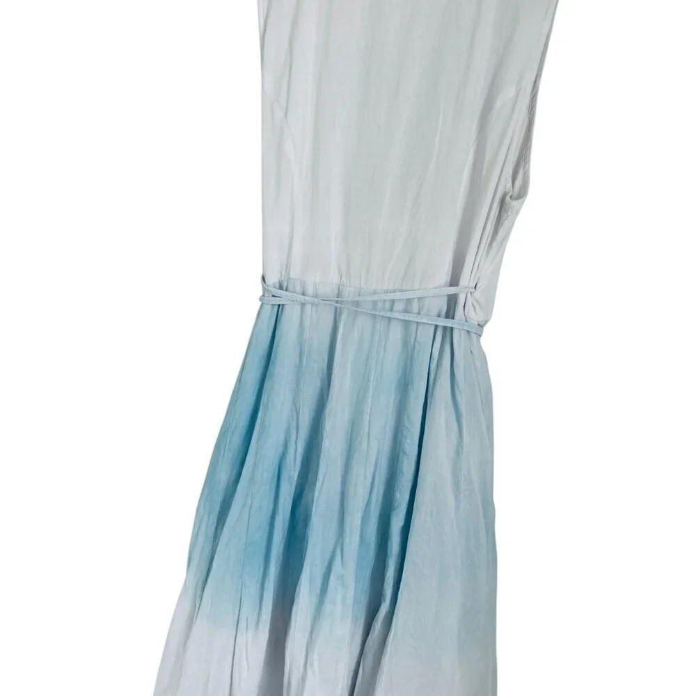 Beau & Ro Womens Ombre Blue & White Sleeveless Wrap Midi Dress Cotton Blend